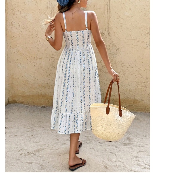 Boho Floral Print Front Tie Ruffle Hem Midi Dress - Picture 4 of 5